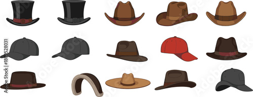 Hat collection vector illustration, cowboy hats, baseball caps, top hats, fedora styles, fashion accessories, headwear design, cad drawing flat vector