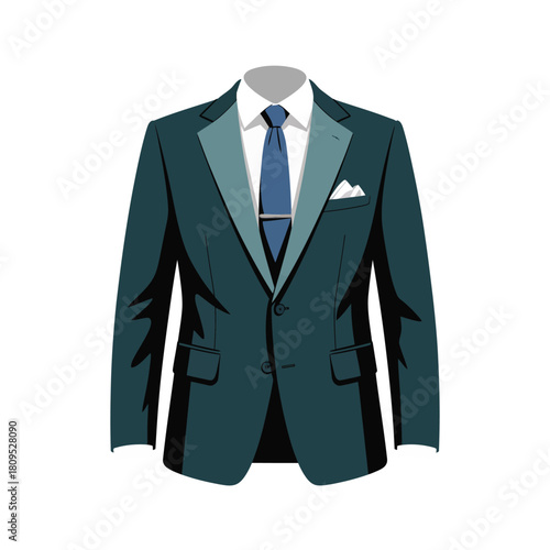 A formal teal suit with a blue tie and pocket square is presented.