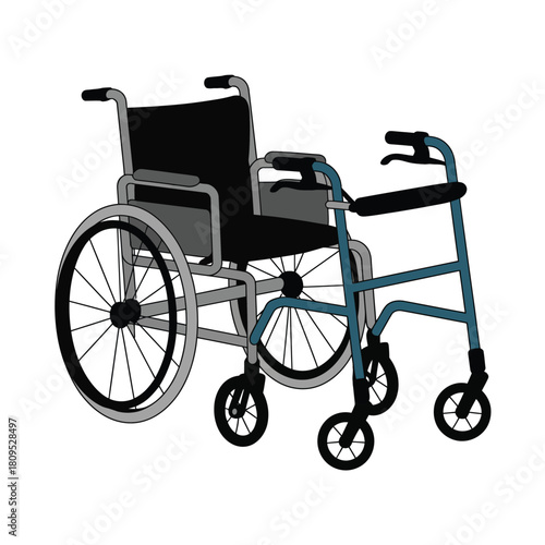 A wheelchair and a walker are shown together, symbolizing mobility assistance for individuals with disabilities.