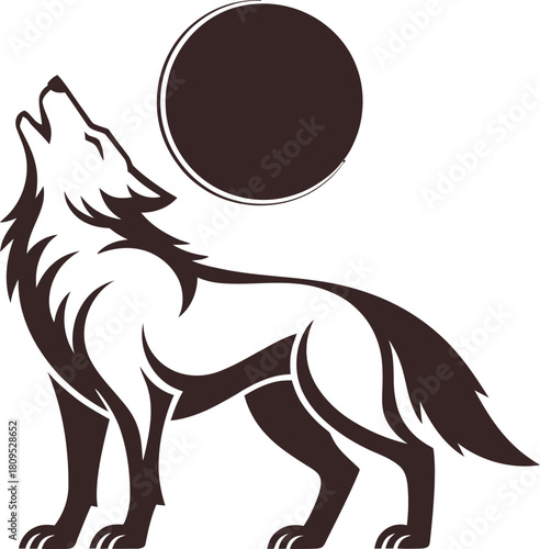 Dark brown wolf howling at a large circle silhouette
