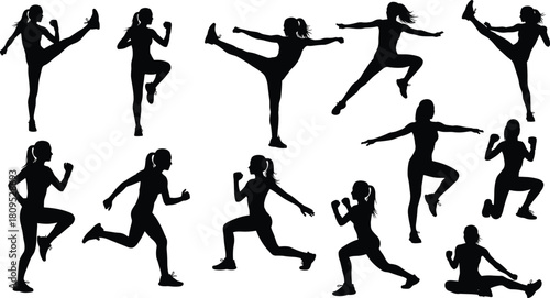 Black Silhouette Set of Women Performing High-Intensity Kickboxing and Aerobic Fitness Exercises, Featuring Kicks, Runs, Lunges, and Dynamic Movement Poses