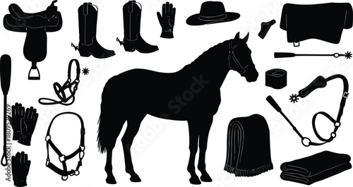 Horse silhouette, equestrian equipment, cowboy boots, western saddle, bridle illustration, riding gear, horse care accessories, cowboy hat, spurs, grooming tools