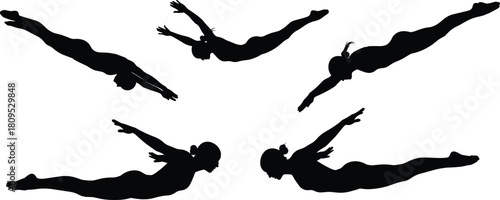 Black Silhouette Vector Set of Female Swimmers Executing Butterfly Stroke and Dive Poses, Illustrating Swimming, Aquatic Sports, Fitness, and Motion