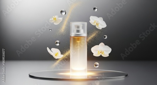 Elegant skincare mist with floating orchids and shimmering light effects in a minimalistic setting