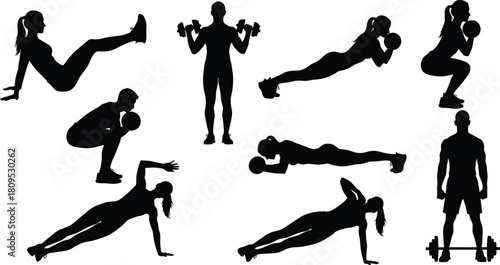 Black Silhouette Vector Set of Men and Women Performing Strength Training Exercises Including Planks, Squats, and Dumbbell and Kettlebell Workouts