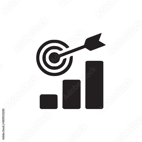 A black and white image showing a target with an arrow and a bar chart on a white background