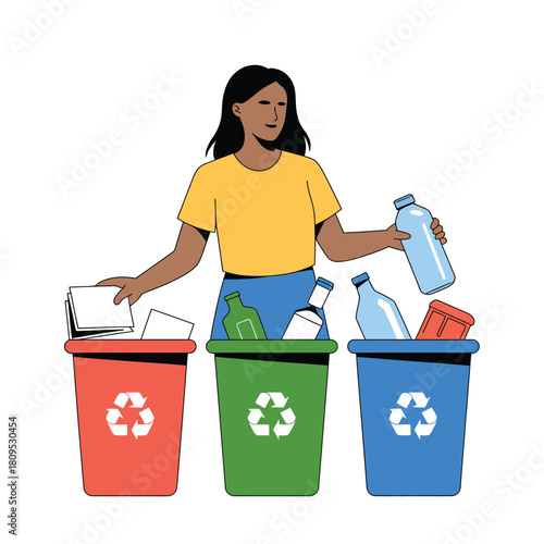 A person sorts recyclable materials into colored bins for proper disposal and sustainability.