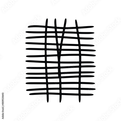 Abstract black and white hand drawn grid pattern with intersecting lines and a central imperfection