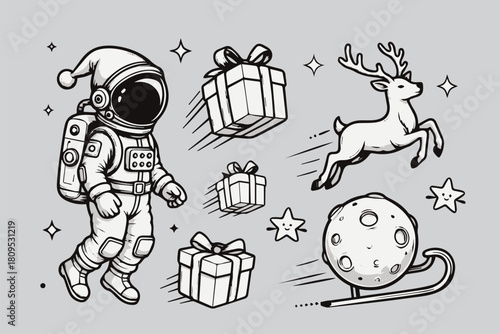 Space Santa with Jetpack Reindeer – Futuristic Christmas Vector Set