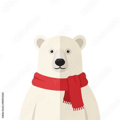 Adorable polar bear wearing a festive red scarf, perfect for holiday greetings, winter promotions, or heartwarming children's stories, delivering cozy charm