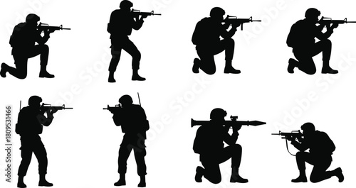 Black Silhouette Vector Set of Soldiers in Combat Gear, Kneeling and Standing with Assault Rifles, Symbolizing Military, Army, War, and Defense