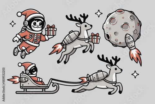Space Santa with Jetpack Reindeer – Futuristic Christmas Vector Set