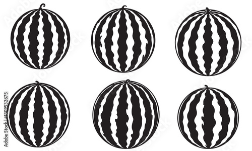 Collection of six stylized black and white watermelon silhouettes with distinct vertical stripes silhouette