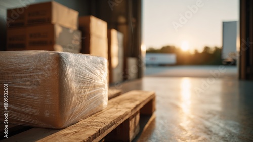 warehouse logistics wrapped parcel on wooden pallet at open loading dock, calm efficiency under golden sunrise, clean industrial style for shipping, delivery, distribution, fulfillment, and ecommerce