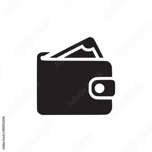 A simple black and white icon of a wallet with money sticking out on a white background space for text