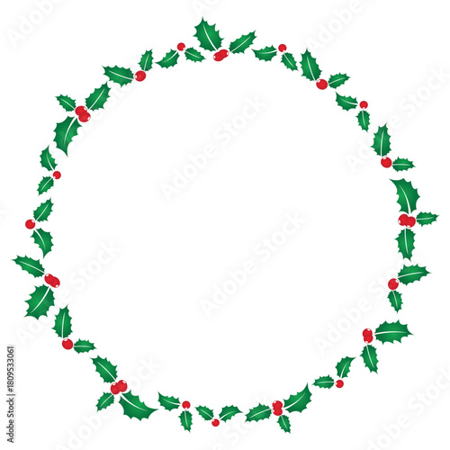 Christmas wreath in a circular frame, green holly leaves and red berries on a white background