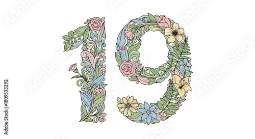 Floral nineteen design with pastel colors and vintage aesthetic, perfect for springtime celebrations and handcrafted designs