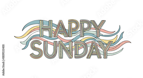 Colorful typography illustration celebrating the joy of a happy sunday with decorative wave elements offering a cheerful vibe for weekend