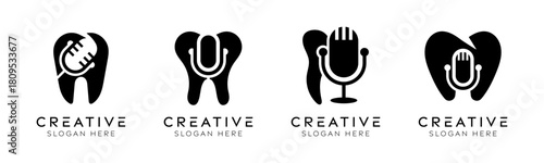 Set of podcast dental logo design templates. Modern isolated gear with mic podcast design.