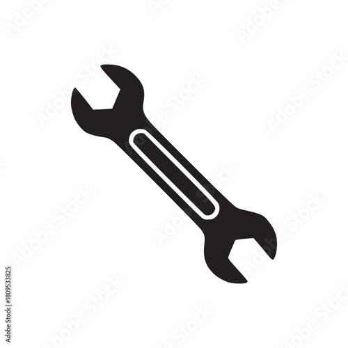 Illustration of a black wrench tool on a white background with a simple and clean design style