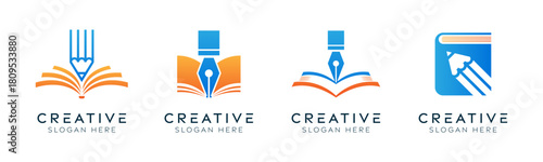 Set of stationery logo design templates. Modern isolated book with pencil and pencil design for stationery stores, education, and learning.