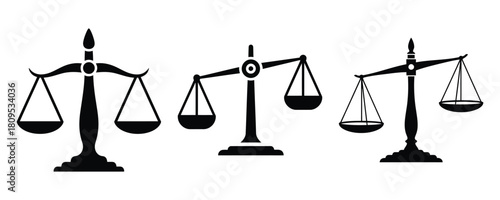 Balancing scale, Scales of justice icon set. Law and legal symbol collection. Simple line and silhouette style. Balance, equality, court, lawyer, judgment vector illustration isolated.
