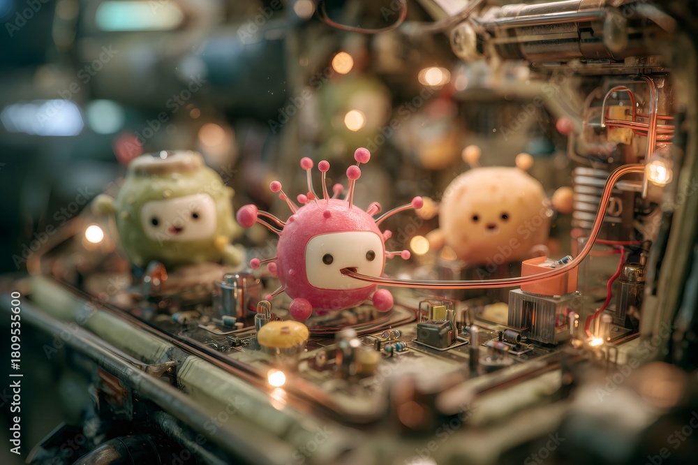 Obraz premium Cute microbe characters resembling viruses interacting with an intricate electronic circuit board, symbolizing cybersecurity threats or data management