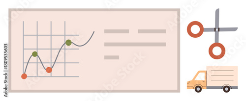 Graph showing data trends, scissors representing cost-cutting, and delivery truck. Ideal for logistics, cost management, data analysis, business strategy, planning transportation growth. Simple