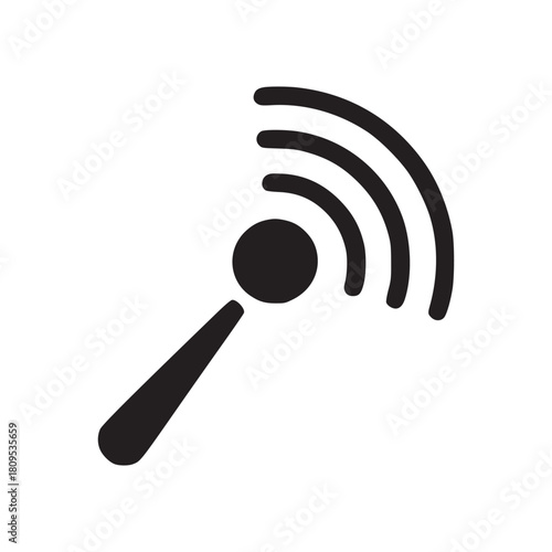 A simple black and white icon of a microphone with sound waves emanating from the top right corner