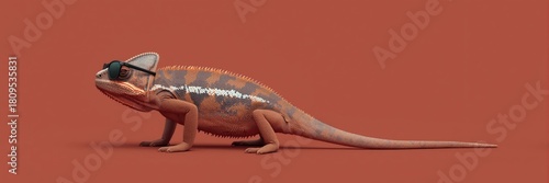 Profile view of a brown and orange chameleon wearing trendy dark sunglasses, standing on a solid terracotta studio background with ample negative space