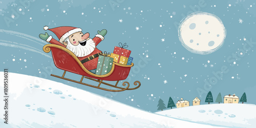 Vector christmas santa claus in sleigh with gifts flying over snowy landscape under moonlit sky on christmas eve