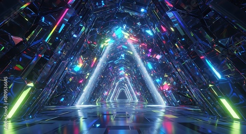 Fototapeta Naklejka Na Ścianę i Meble -  Abstract triangular tunnel with colorful neon lights. Futuristic concept.