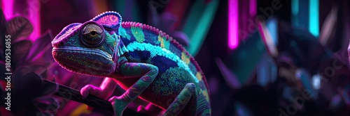 Extreme close-up portrait of a colorful chameleon under dramatic neon lighting with vibrant magenta, cyan, and deep blue glow in a dark, mysterious setting