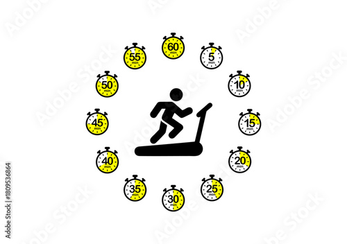 A treadmill running icon surrounded by twelve stopwatches displaying different times, symbolizing timed intervals or structured running workouts.