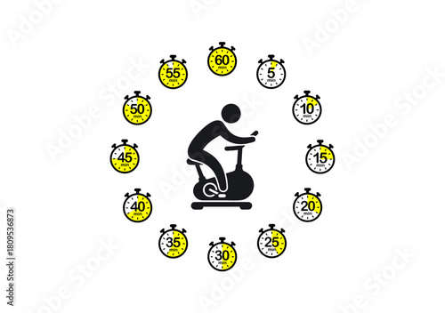 Person cycling on a stationary bike surrounded by stopwatches showing different times, representing timed workouts and fitness intervals.