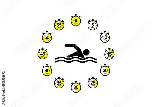 A swimmer icon surrounded by twelve stopwatches, each showing different times, representing interval training or timed swimming cycles.
