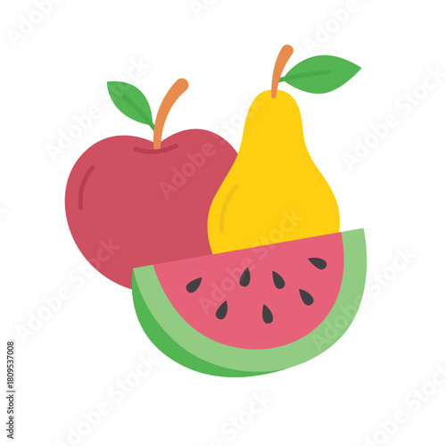 Fruits apple pear and watermelon in vibrant still life illustration suitable for food blogs, print materials, and healthy lifestyle content