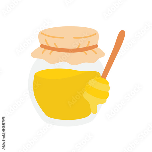 Honey dipper on full jar of golden sweet honey. Perfect for food blogs, naturethemed designs, packaging, and culinary projects