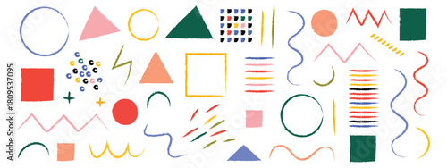 Funky crayon drawn geometric shapes and doodle lines icon vector. chalk drawn naive Swiss, Basic geometric shapes, dots symbol. vector illustration.