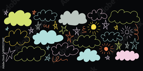 Pastel colored crayon drawn cute kid clouds, sun and stars on black background. colorful childish doodle clouds. Naive funky cute ink symbol. vector illustration.