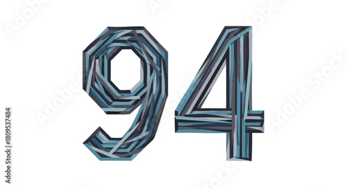 Artistic rendering of the number 94 showcasing a segmented and layered design on white surface