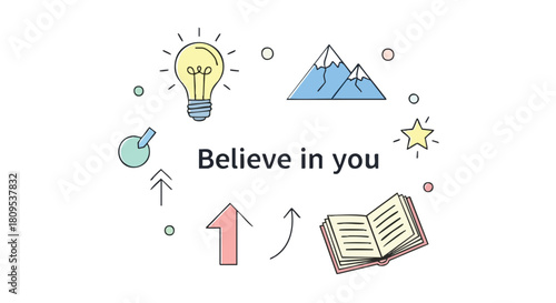 Inspirational graphic art illustration embodying self-belief, potential, and the pursuit of success, with upward progress symbols and learning tools