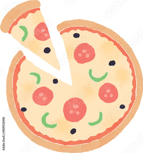 サラミ・ピーマン・オリーブがのったイタリアンピザのイラスト