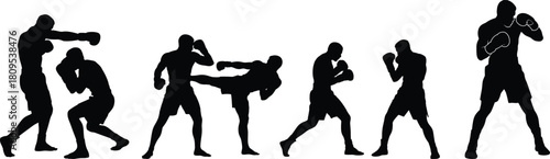 Set of boxer and kickboxer silhouettes fighting and sparring