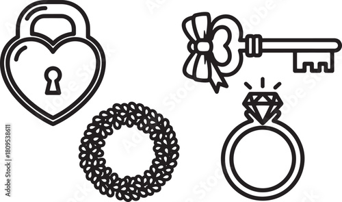 Set of love padlock with heart shape, wreath, key with bow and jewelry ring concept
