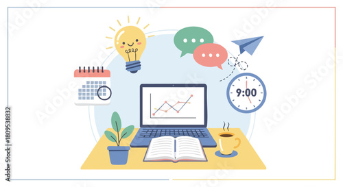 Creative workspace illustration featuring laptop, plant, idea, and schedule elements for remote work and productivity enhancement