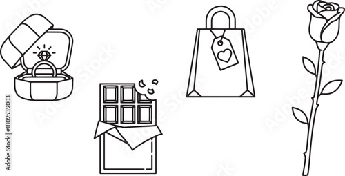 Engagement diamond ring in open box with ribbon line art black and white style