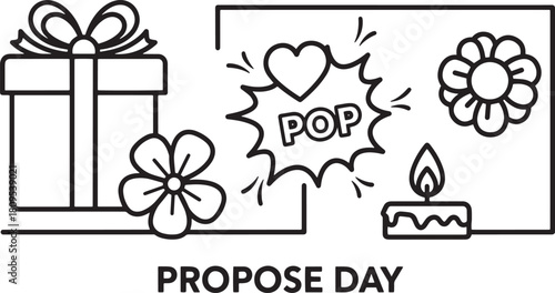 Gift box with pop art heart and flower for propose day on transparent backdrop
