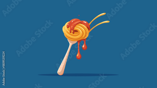 Spaghetti on a fork with tomato sauce dripping against a blue background. National Spaghetti Day