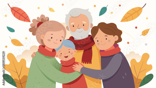 Smiling family hugging each other warmly in autumn surrounded by colorful falling leaves. National Hugging Day